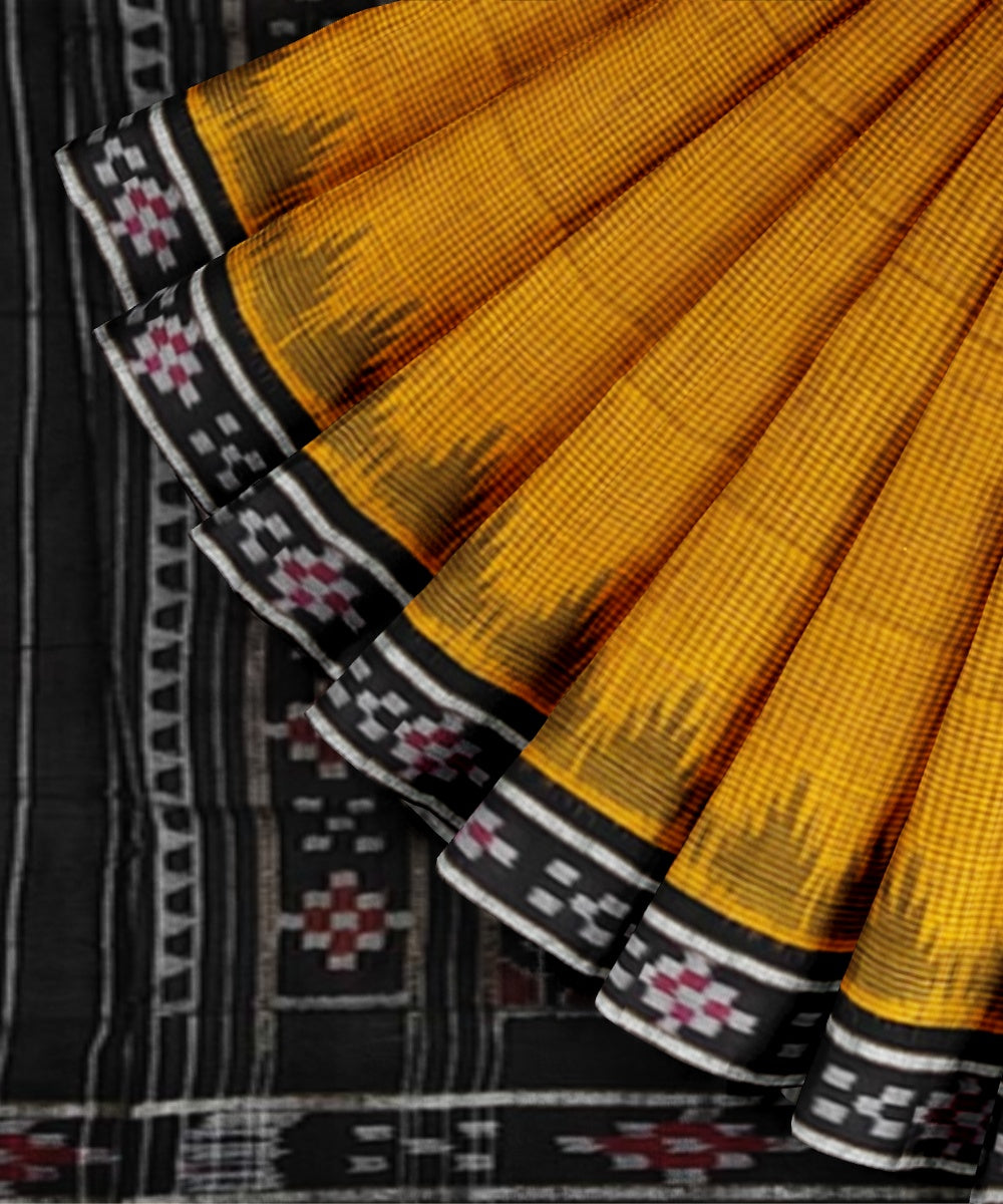 Mustard black cotton handwoven nuapatna saree
