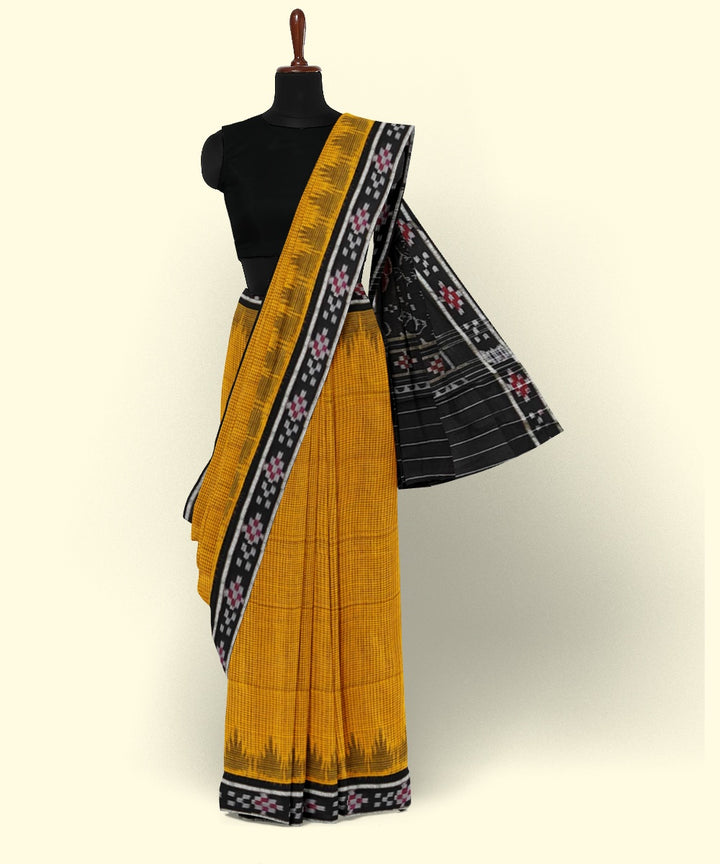 Mustard black cotton handwoven nuapatna saree