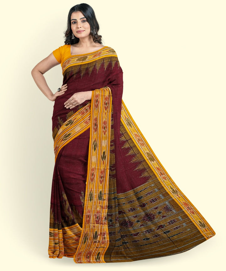 Maroon yellow handwoven cotton nuapatna saree