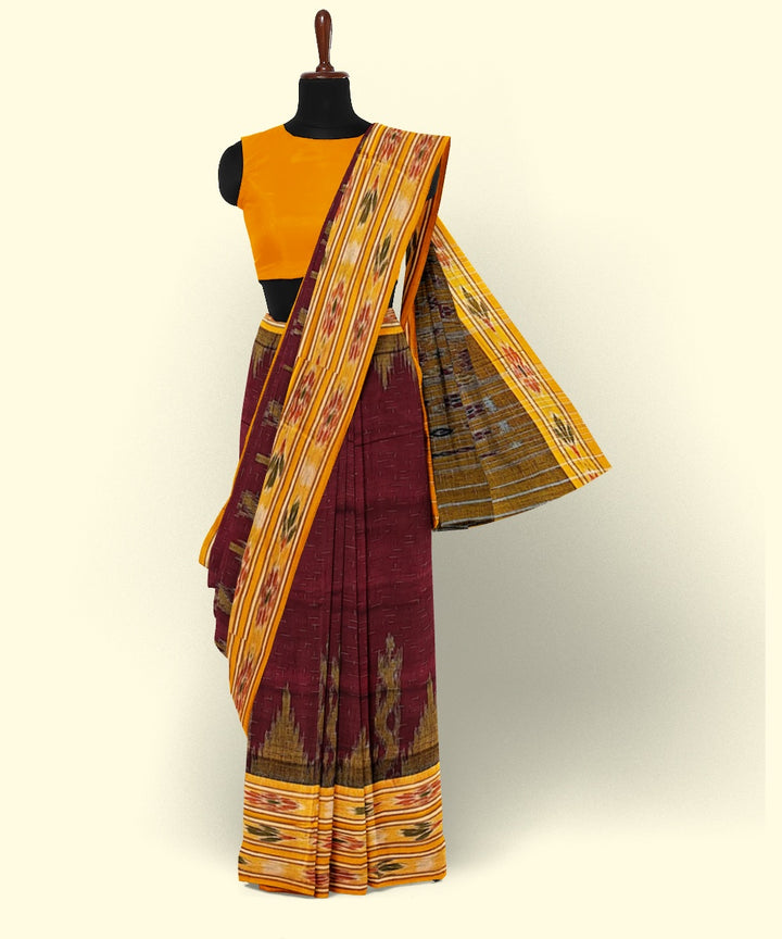 Maroon yellow handwoven cotton nuapatna saree