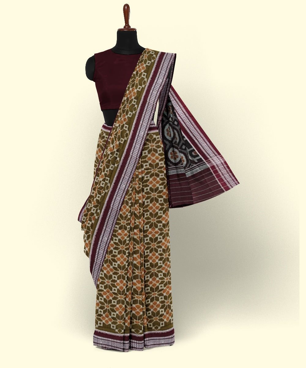 Olive maroon cotton handwoven nuapatna saree