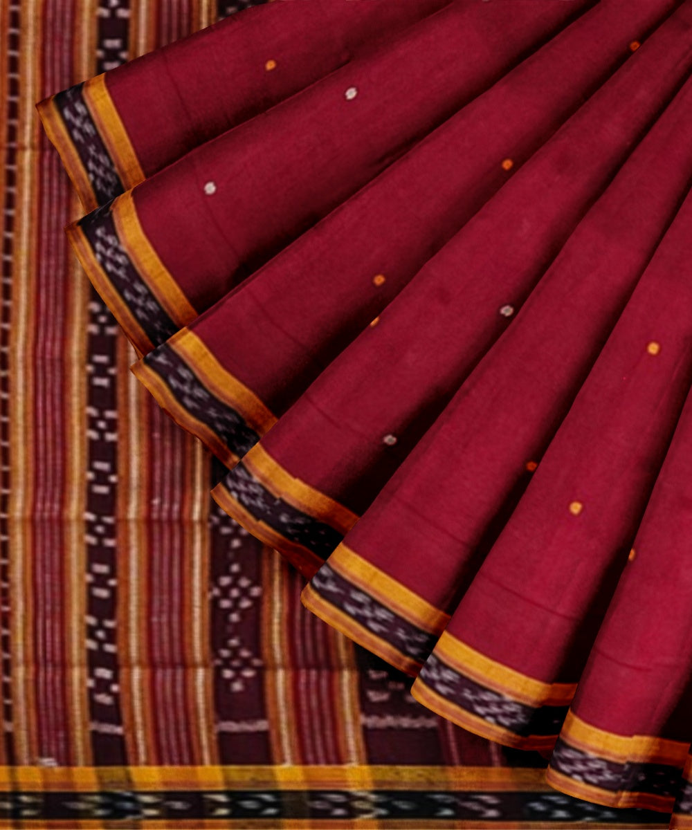 Maroon yellow cotton handwoven nuapatna saree