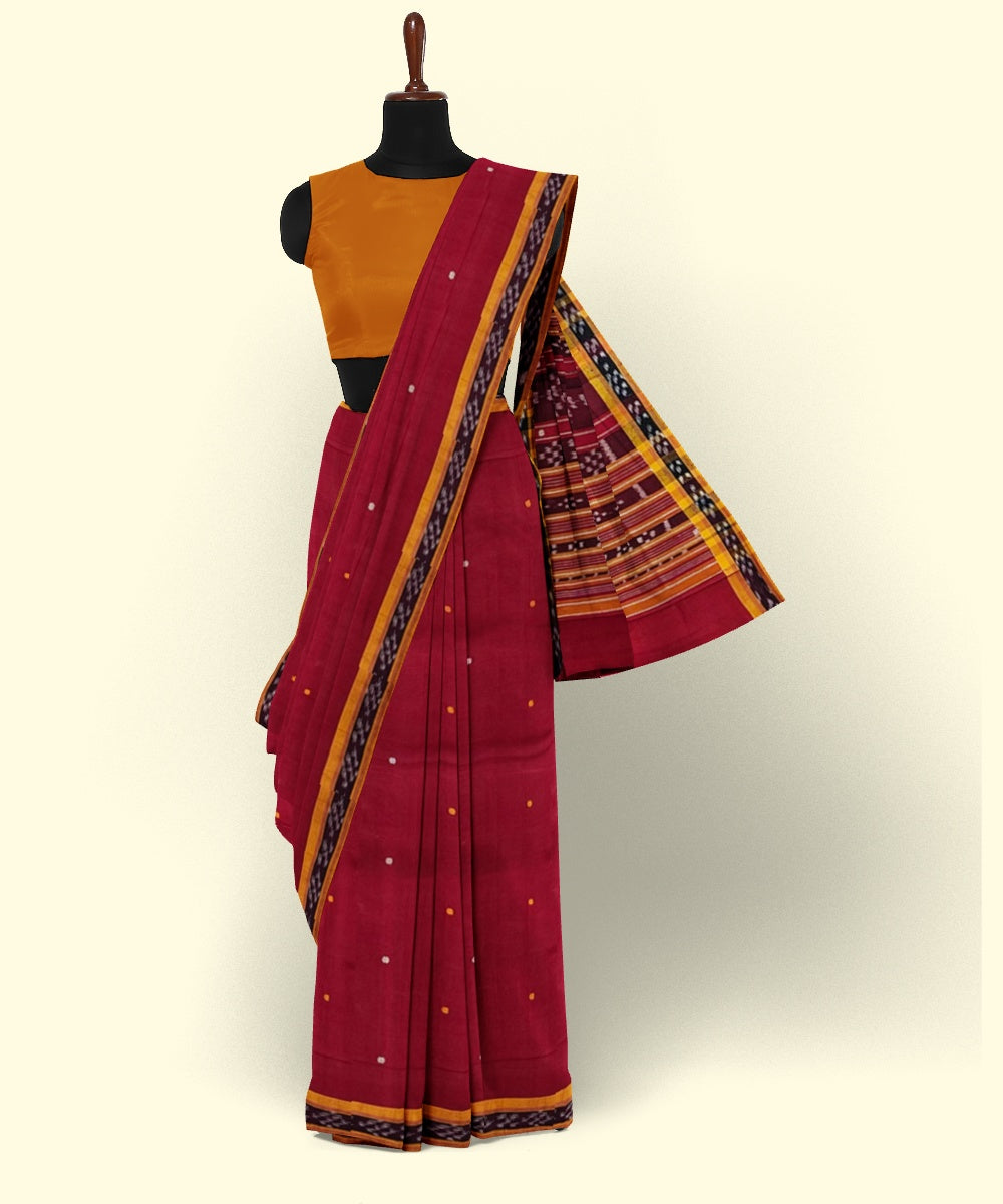 Maroon yellow cotton handwoven nuapatna saree