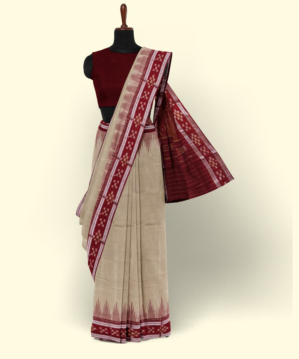 Beige maroon cotton handwoven nuapatna saree