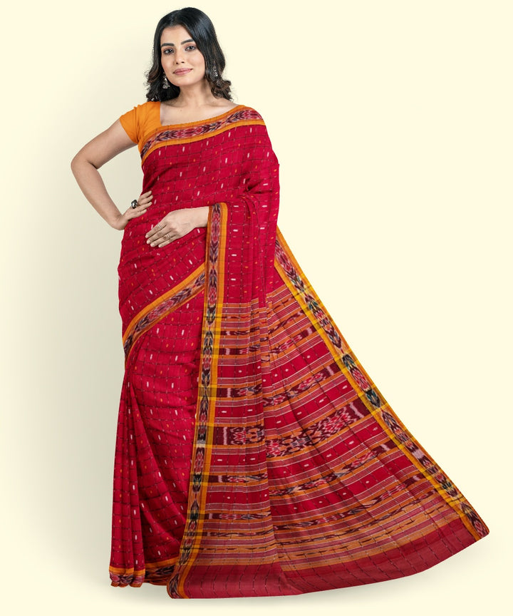 Red yellow cotton handwoven nuapatna saree