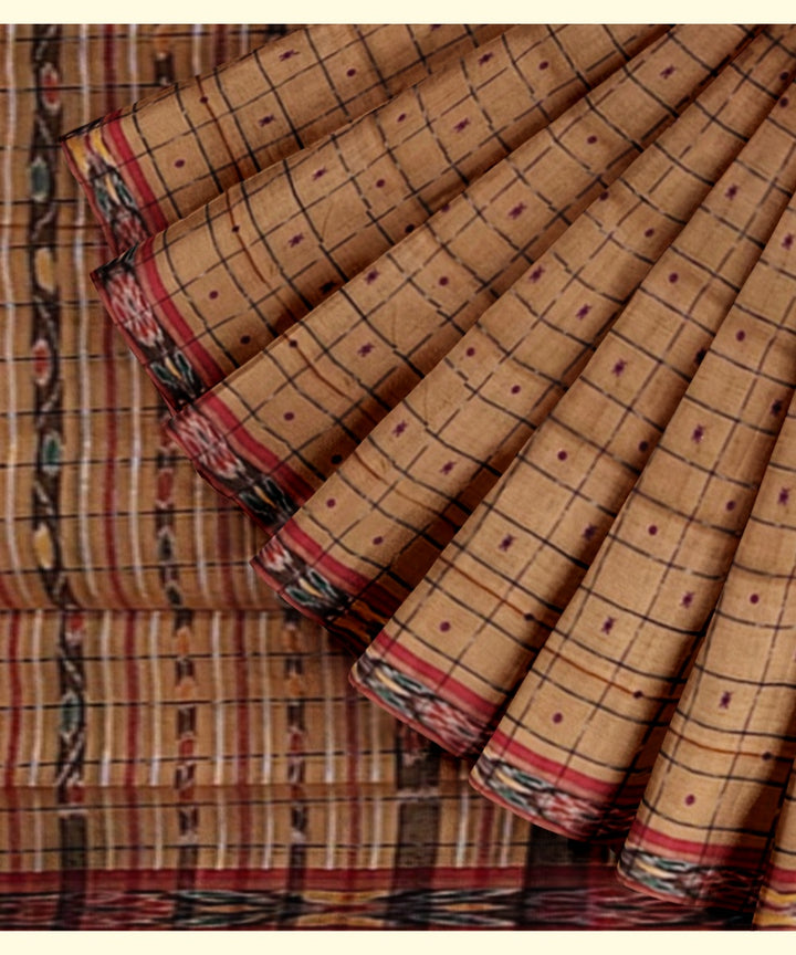 Beige checked cotton handwoven nuapatna saree