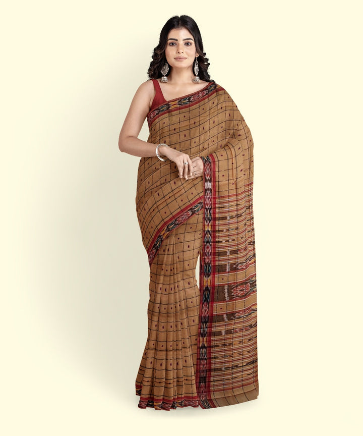 Beige checked cotton handwoven nuapatna saree