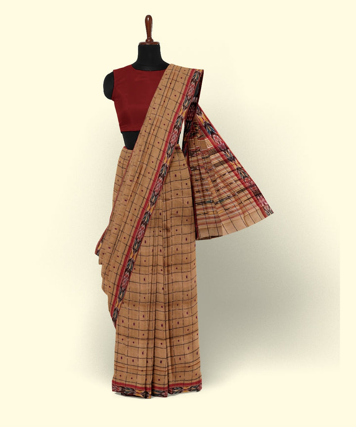 Beige checked cotton handwoven nuapatna saree