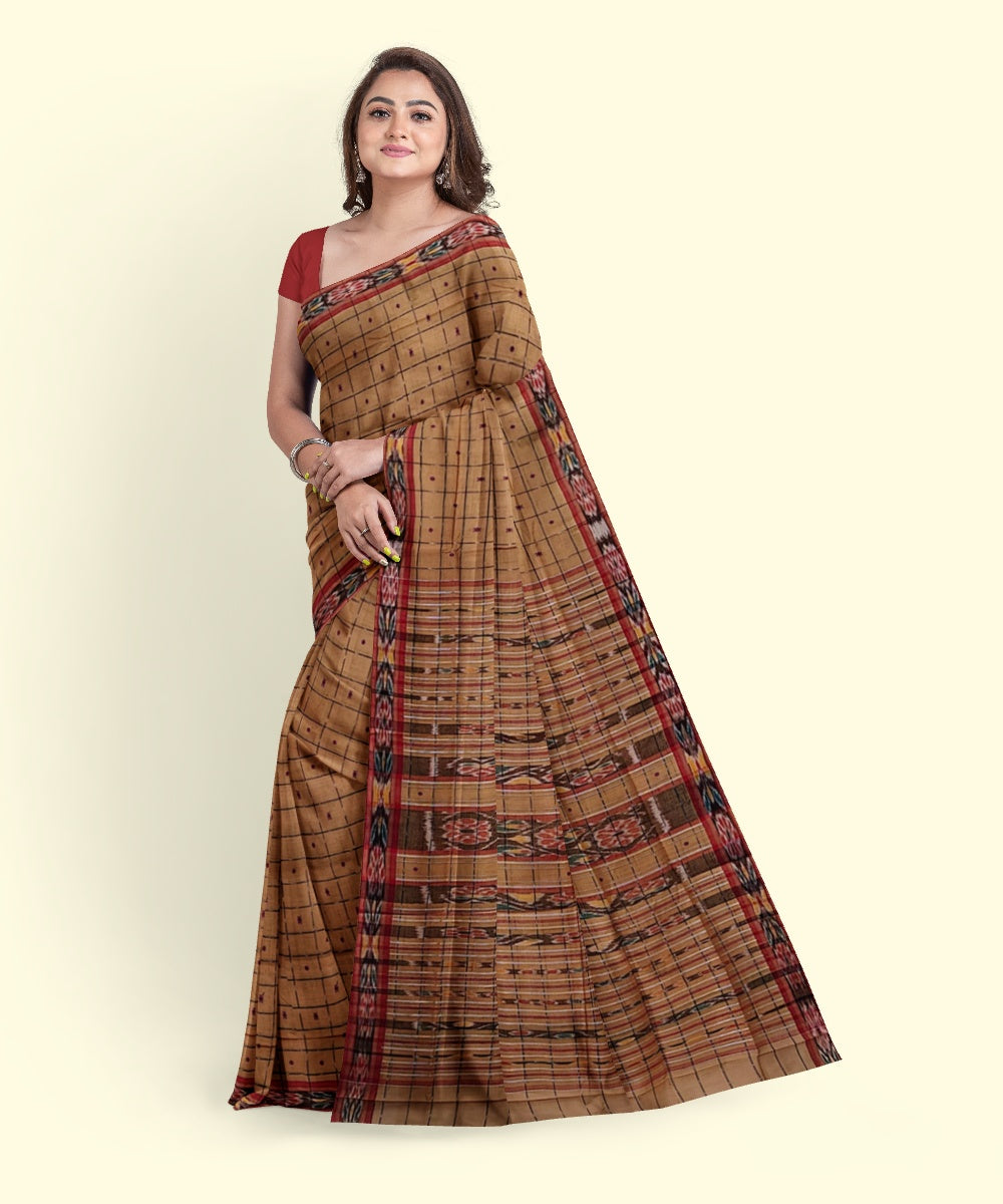 Beige checked cotton handwoven nuapatna saree