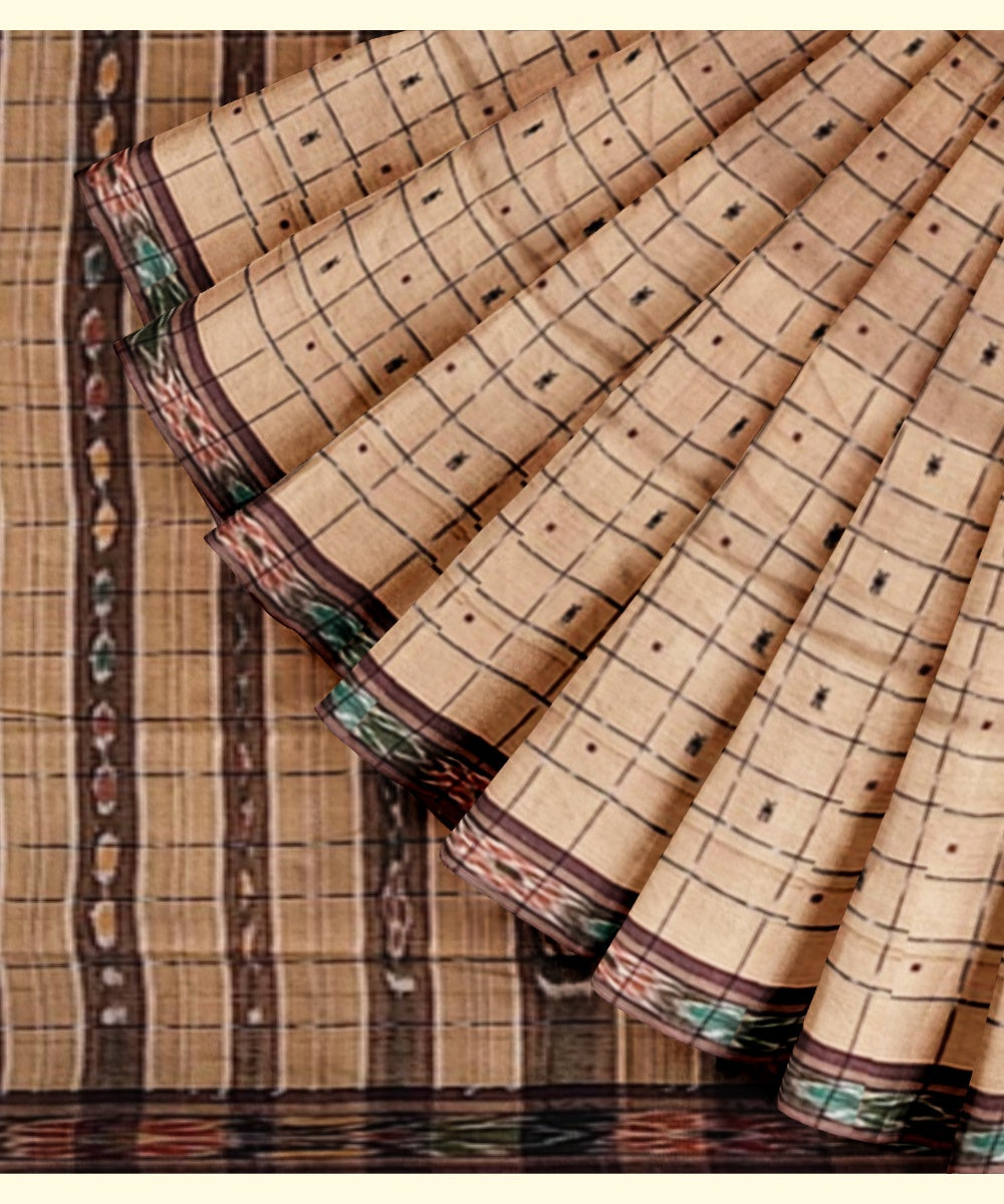 Beige checked cotton handwoven nuapatna saree
