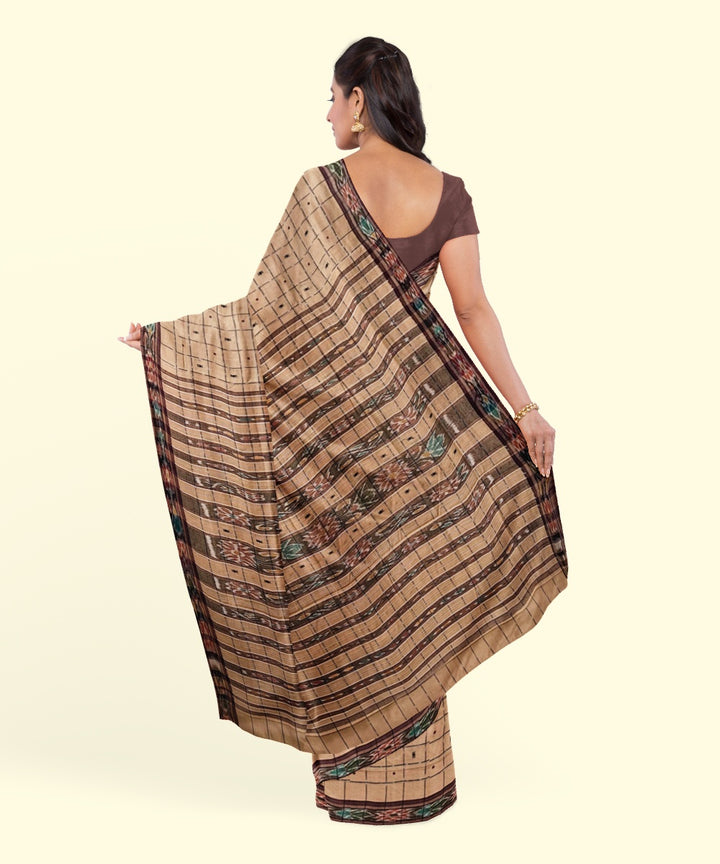 Beige checked cotton handwoven nuapatna saree