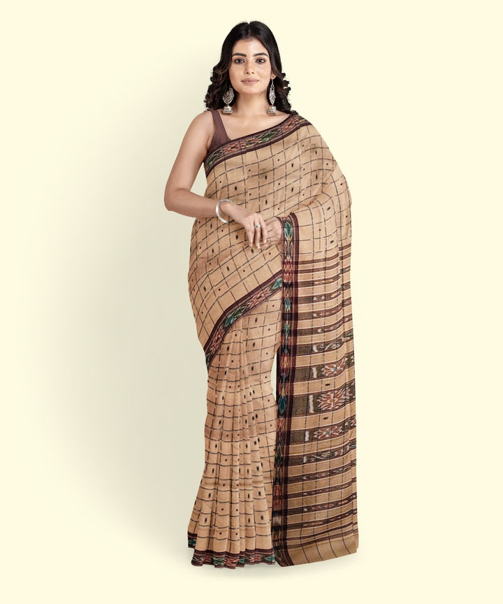 Beige checked cotton handwoven nuapatna saree
