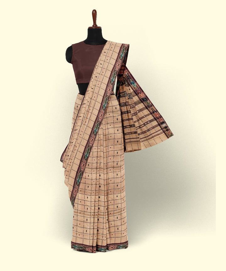 Beige checked cotton handwoven nuapatna saree