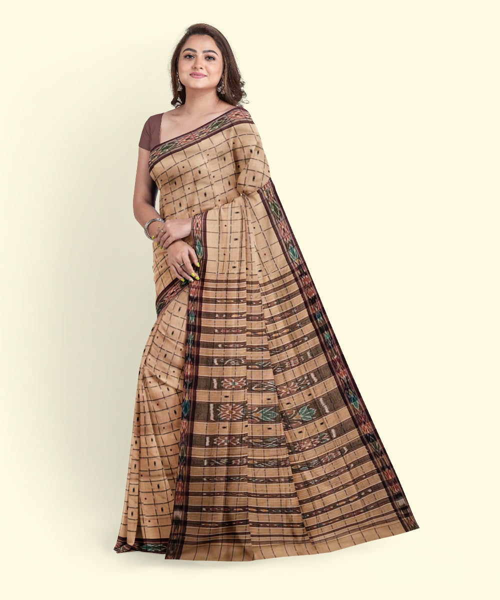 Beige checked cotton handwoven nuapatna saree
