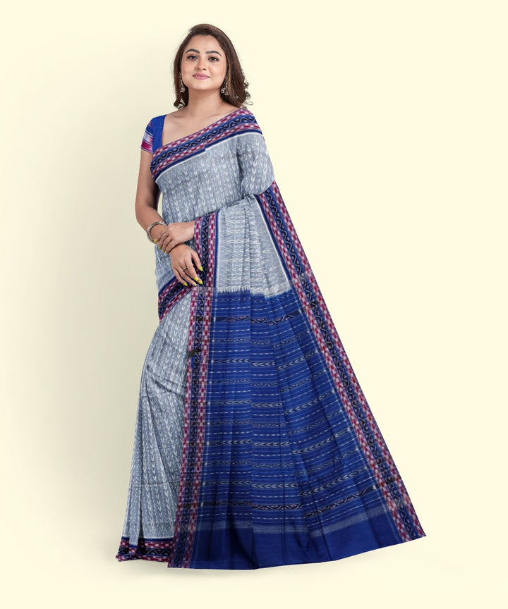 Grey navy blue cotton handwoven sambalpuri saree