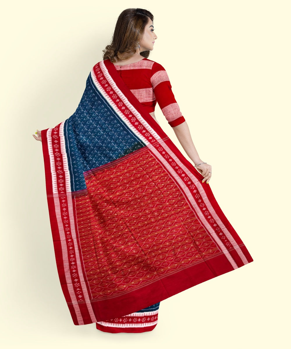 Cyan green red cotton handwoven sambalpuri saree