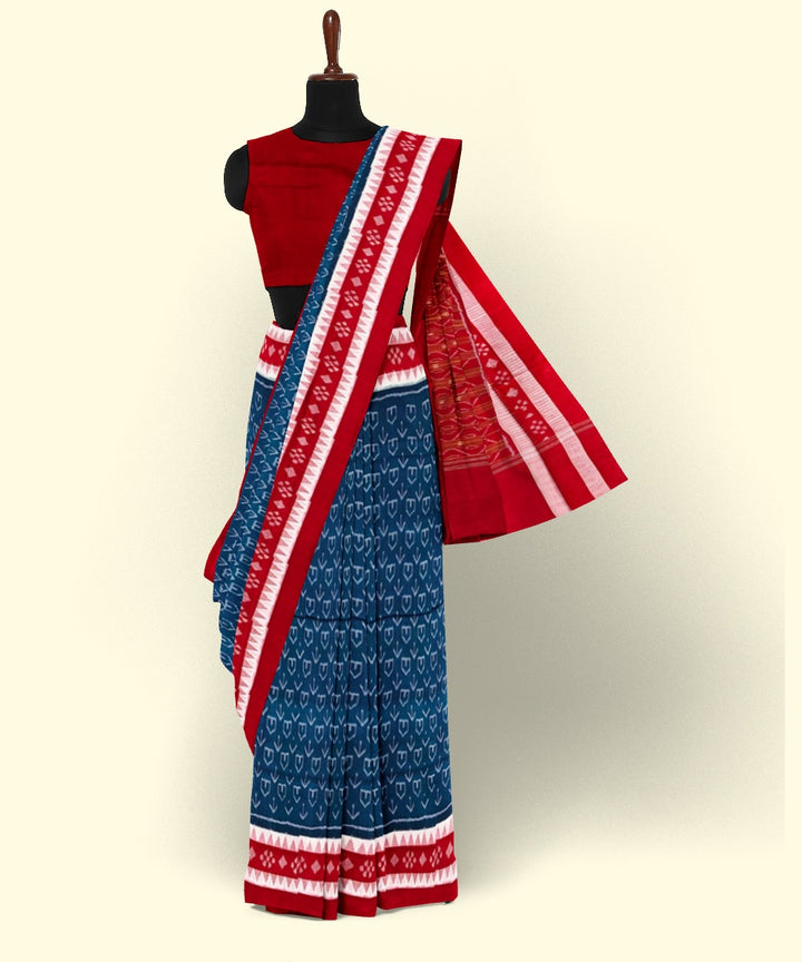 Cyan green red cotton handwoven sambalpuri saree