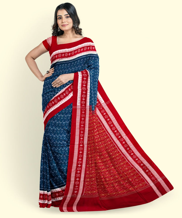 Cyan green red cotton handwoven sambalpuri saree