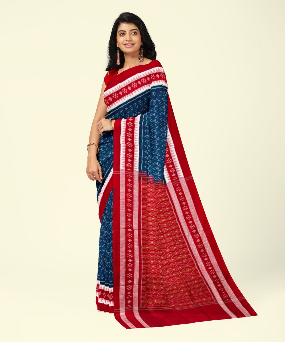 Cyan green red cotton handwoven sambalpuri saree