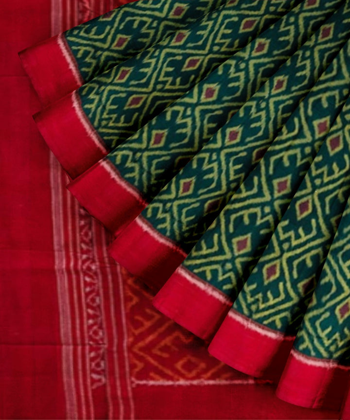 Dark green red cotton handwoven sambalpuri saree