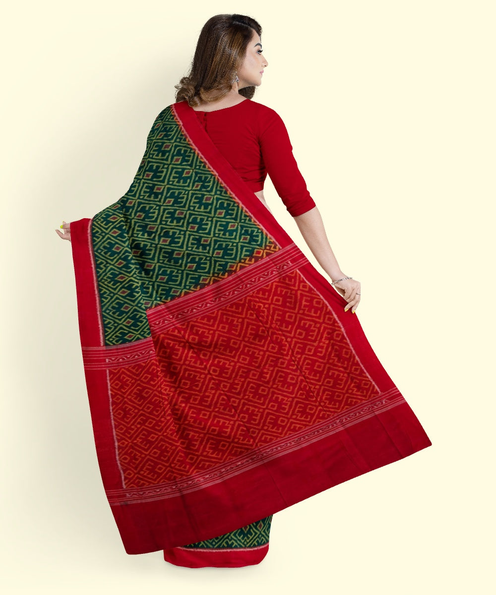 Dark green red cotton handwoven sambalpuri saree