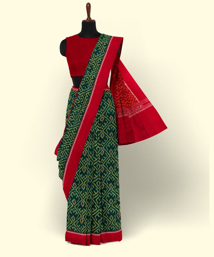 Dark green red cotton handwoven sambalpuri saree