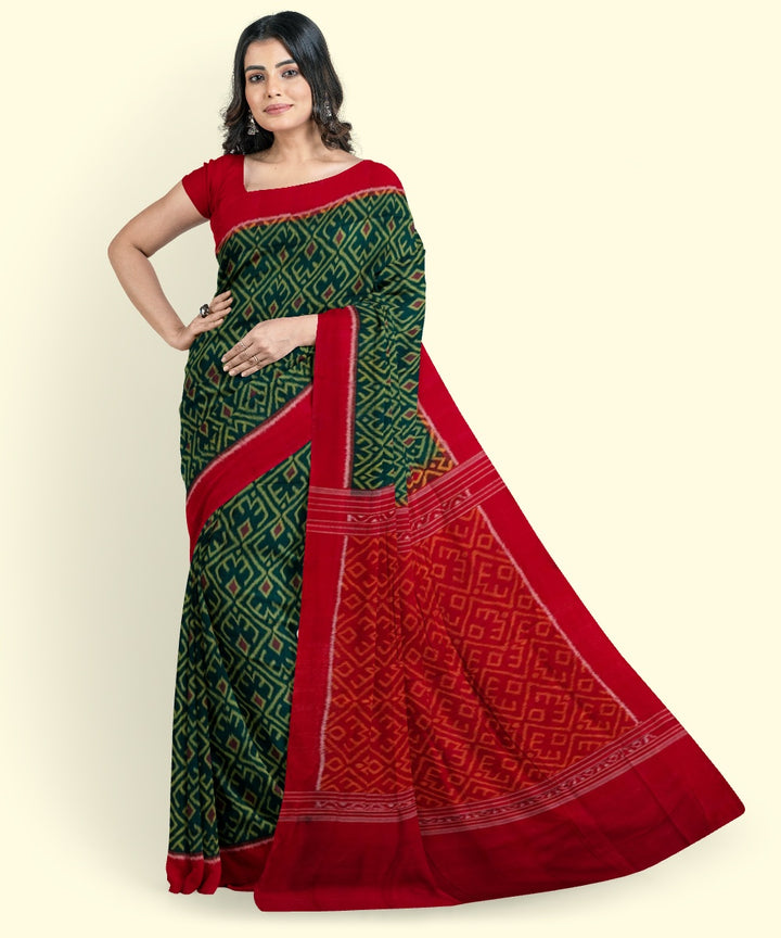 Dark green red cotton handwoven sambalpuri saree