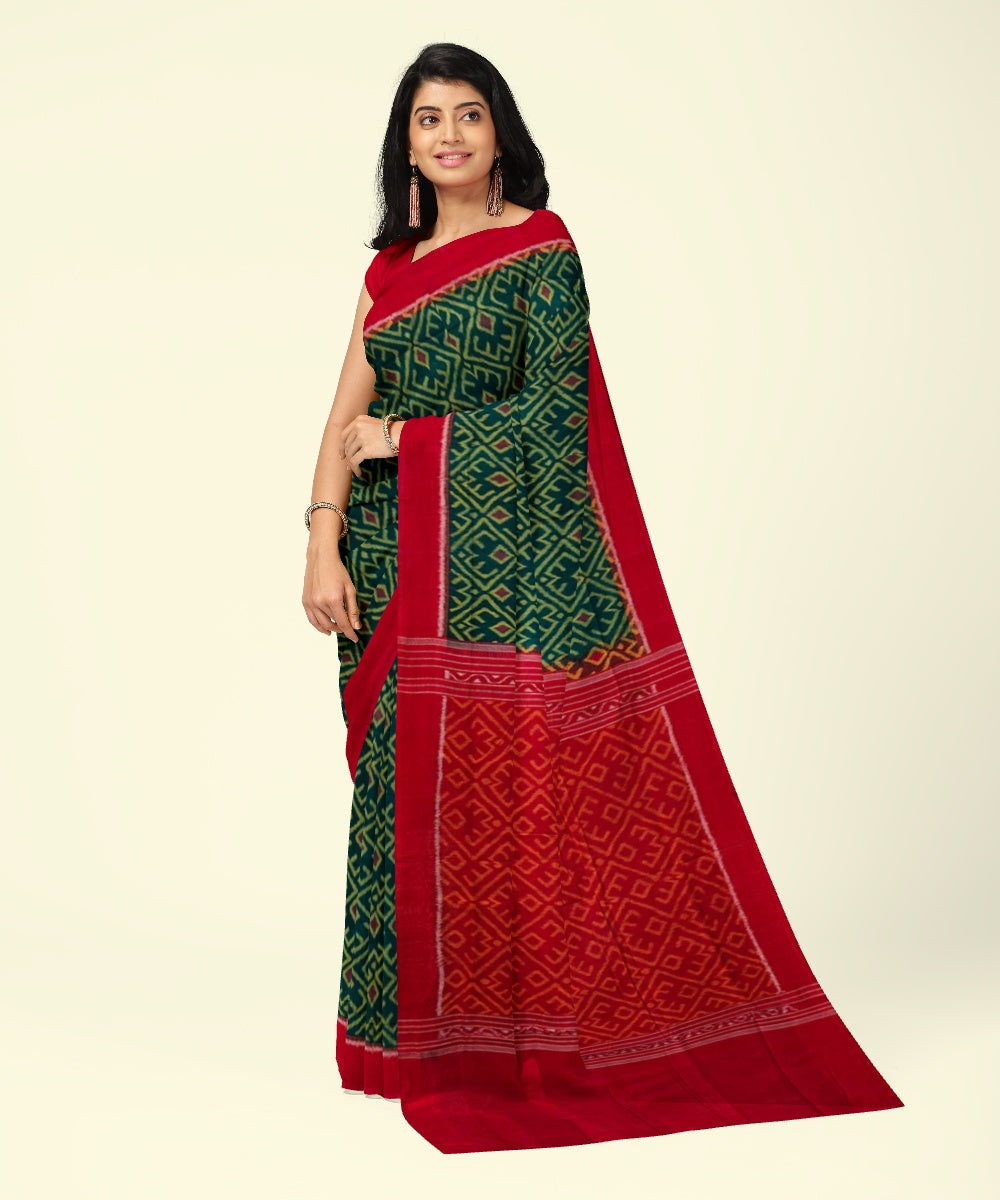 Dark green red cotton handwoven sambalpuri saree