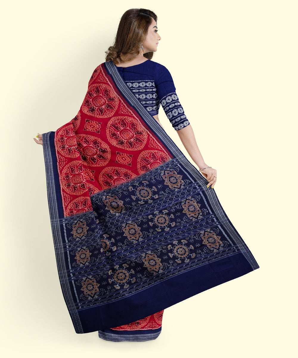 Red blue cotton handwoven sambalpuri saree
