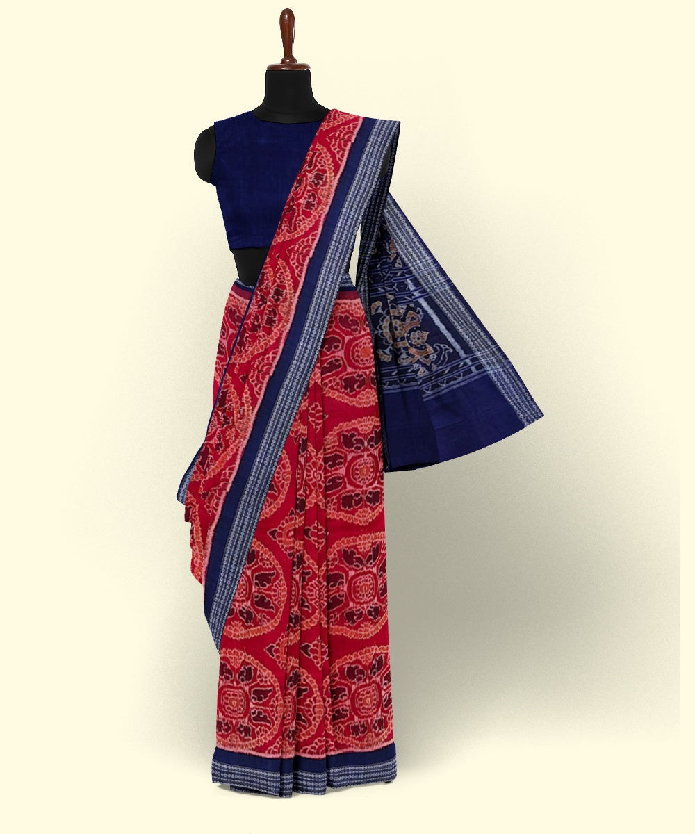 Red blue cotton handwoven sambalpuri saree