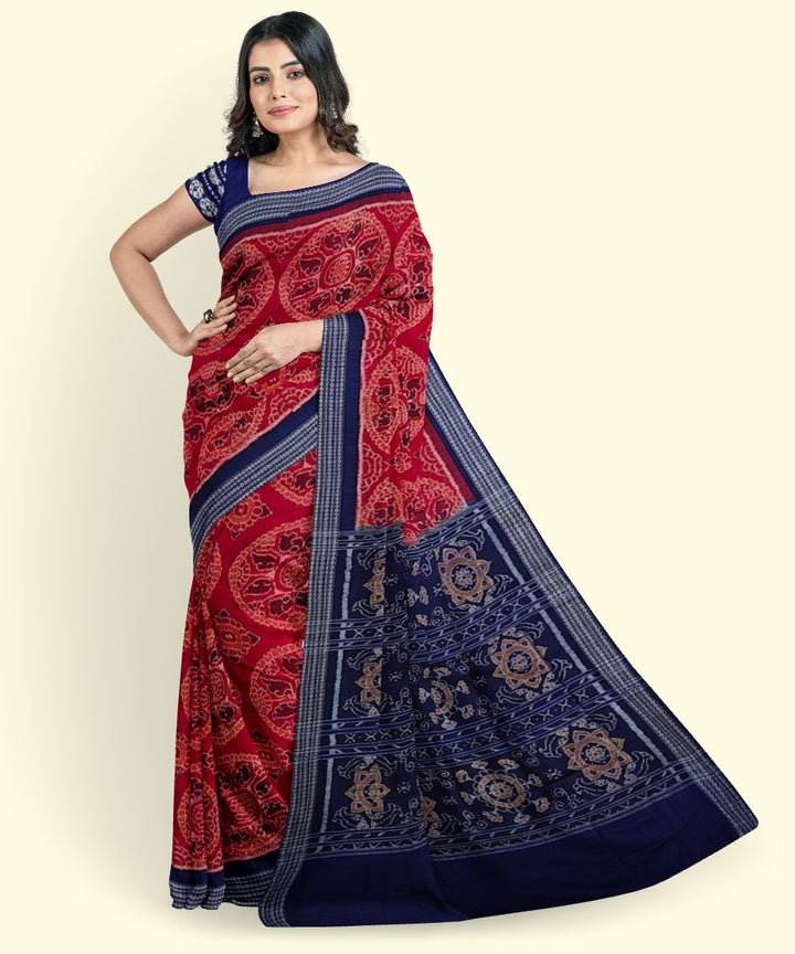 Red blue cotton handwoven sambalpuri saree