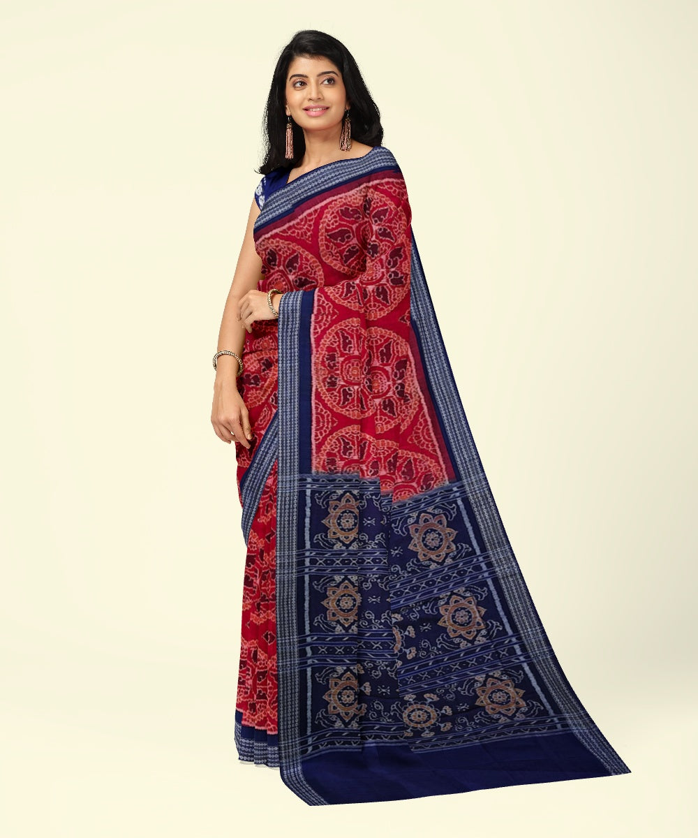Red blue cotton handwoven sambalpuri saree