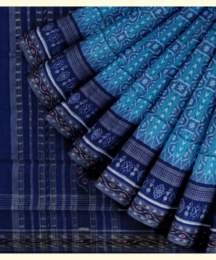 Sky blue navy blue cotton handwoven sambalpuri saree