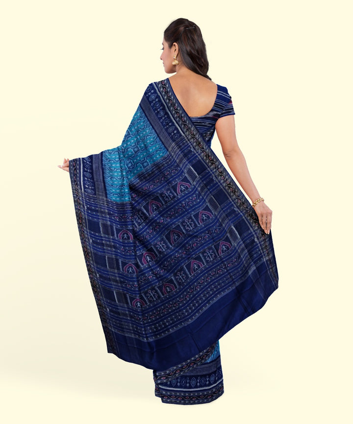 Sky blue navy blue cotton handwoven sambalpuri saree