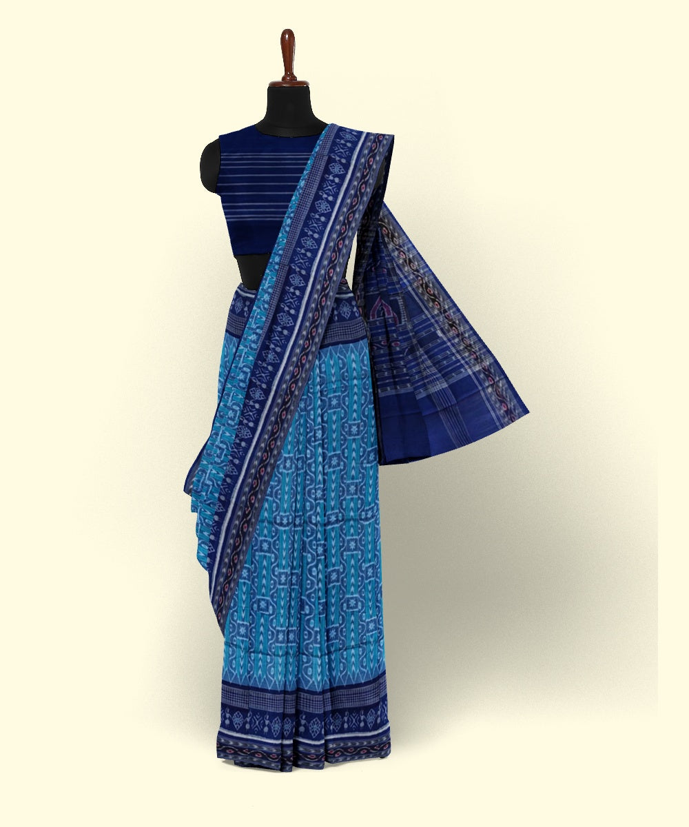 Sky blue navy blue cotton handwoven sambalpuri saree