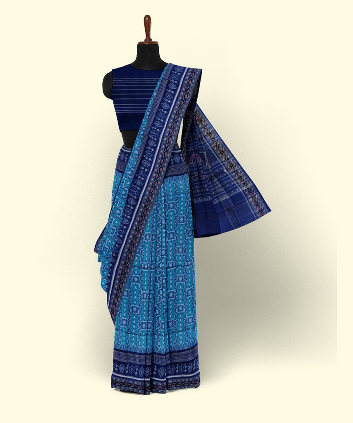 Sky blue navy blue cotton handwoven sambalpuri saree