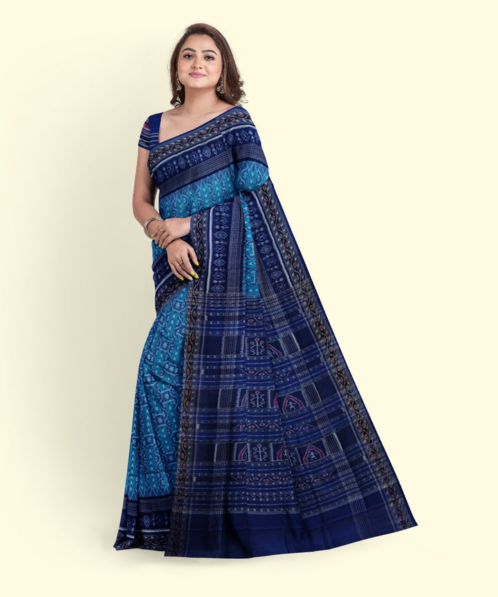 Sky blue navy blue cotton handwoven sambalpuri saree