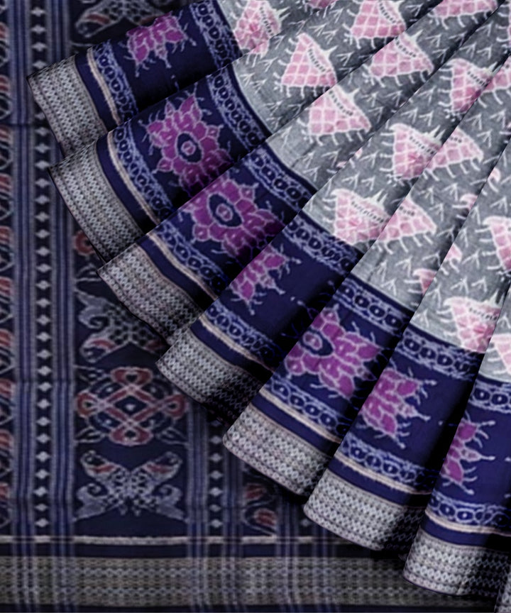 Grey dark blue cotton handwoven sambalpuri saree