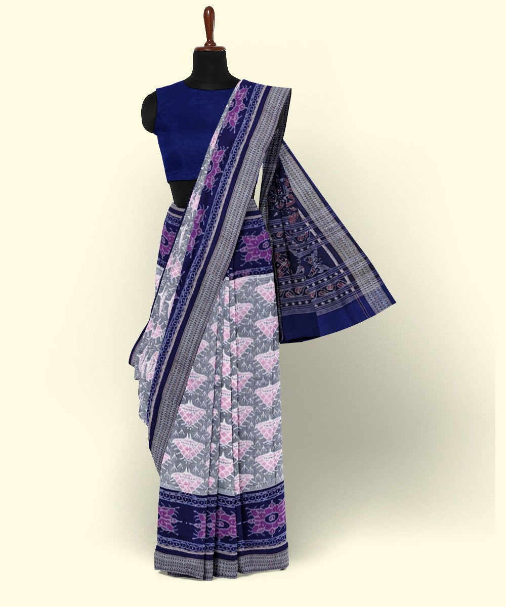 Grey dark blue cotton handwoven sambalpuri saree