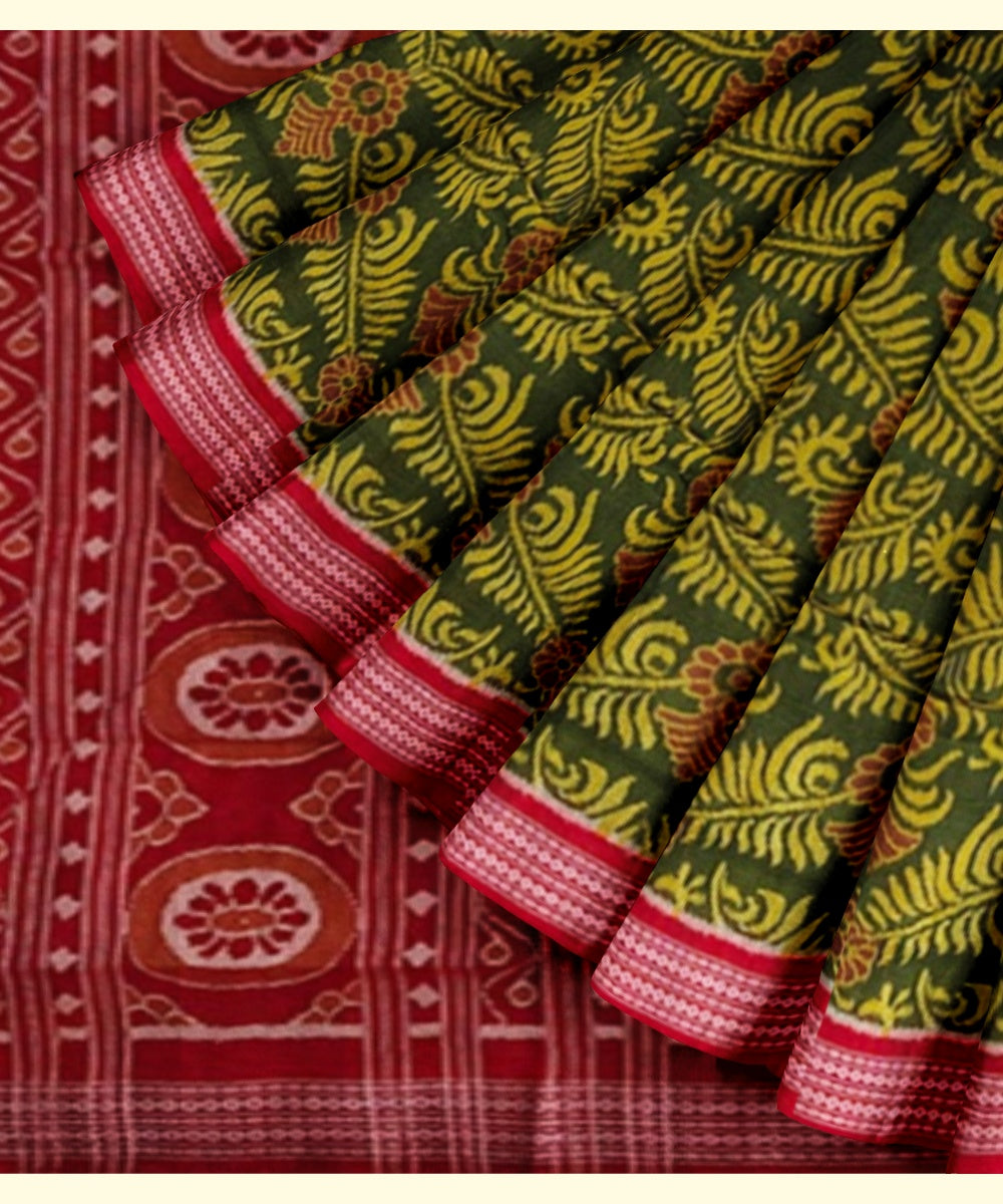 Olive green red cotton handwoven sambalpuri saree
