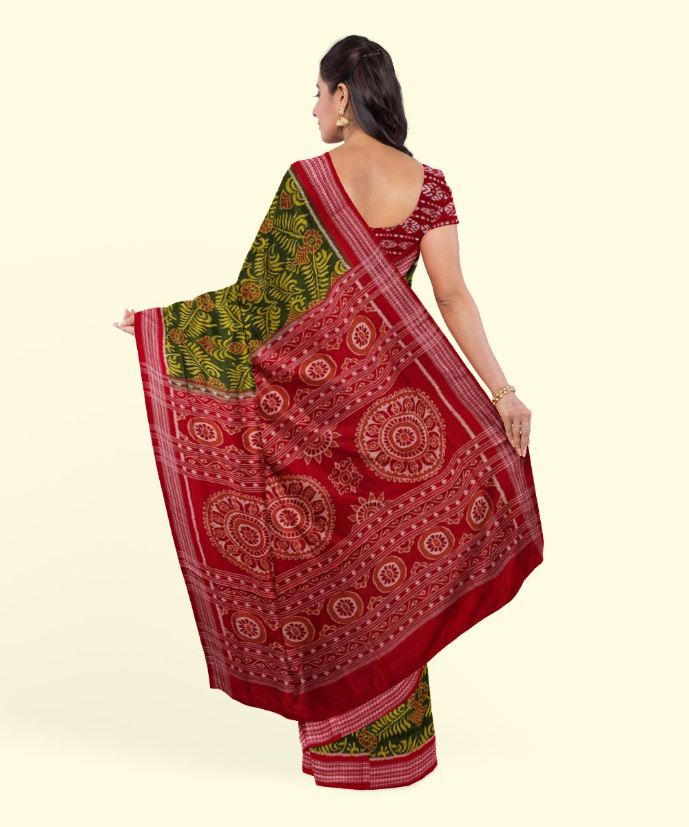 Olive green red cotton handwoven sambalpuri saree