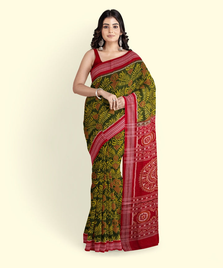 Olive green red cotton handwoven sambalpuri saree