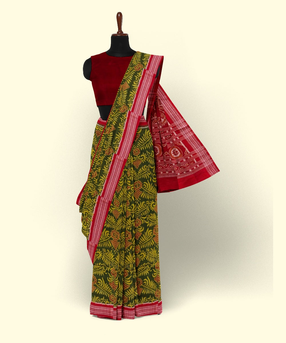 Olive green red cotton handwoven sambalpuri saree