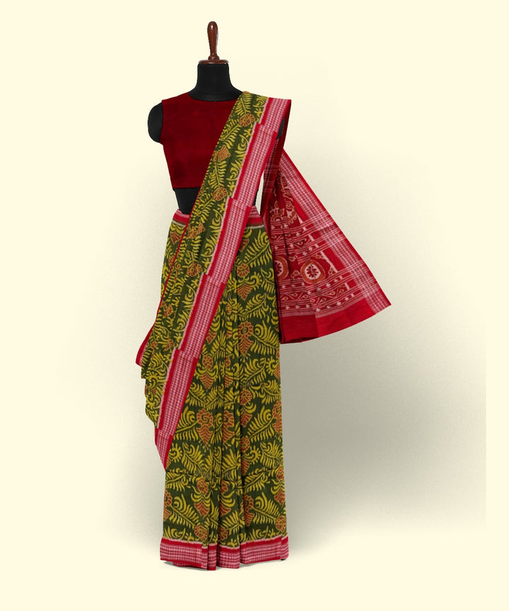 Olive green red cotton handwoven sambalpuri saree