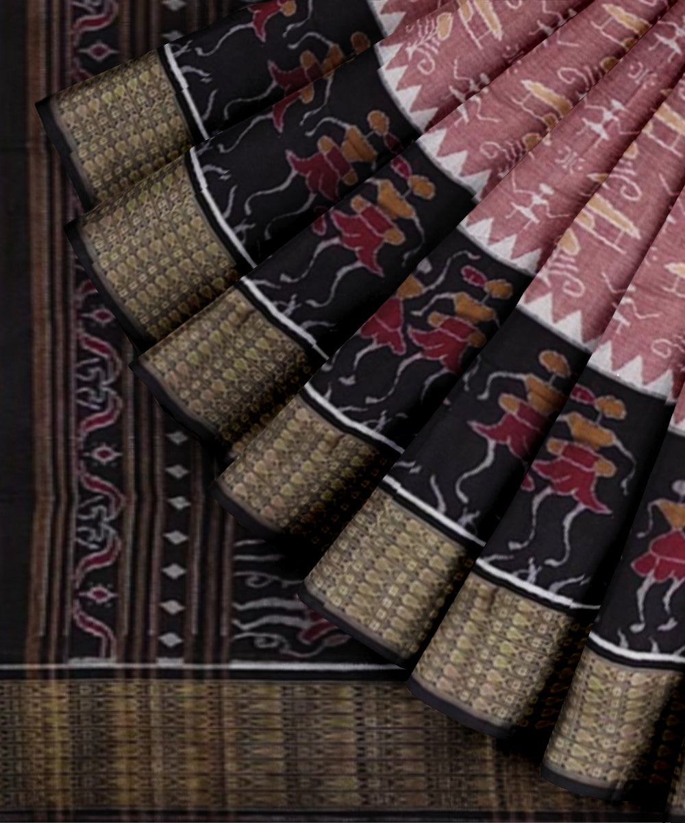 Pink black cotton handwoven sambalpuri saree