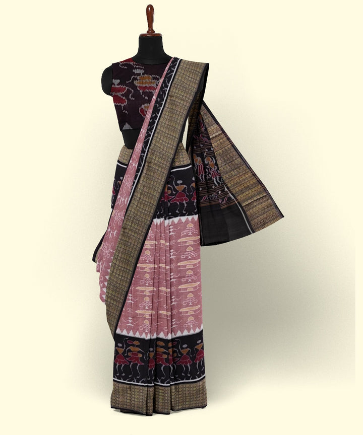 Pink black cotton handwoven sambalpuri saree
