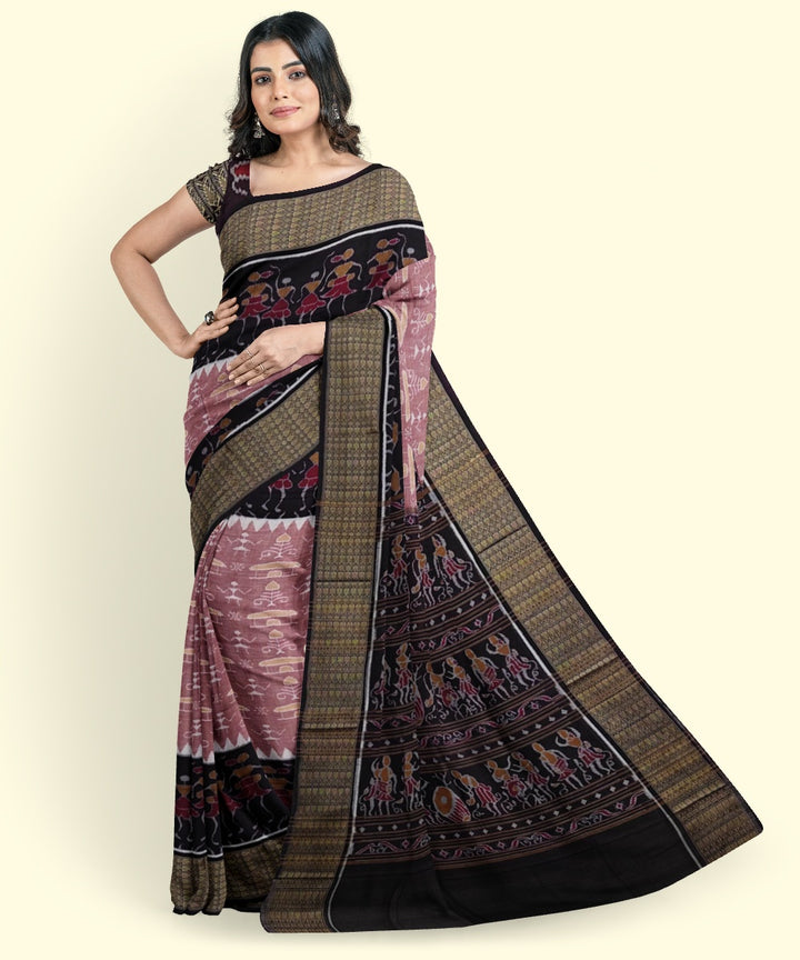 Pink black cotton handwoven sambalpuri saree