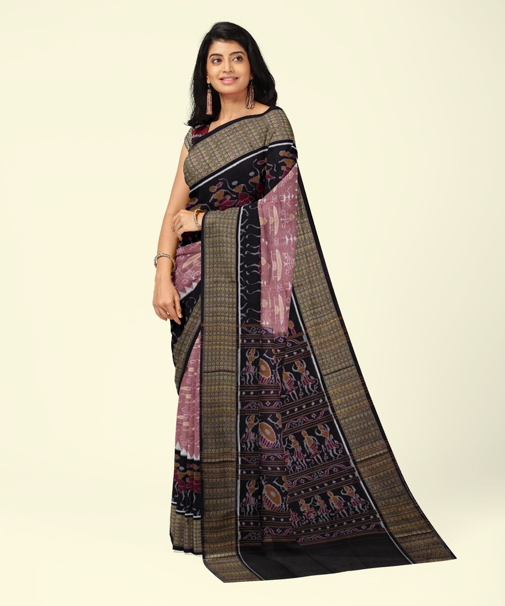 Pink black cotton handwoven sambalpuri saree