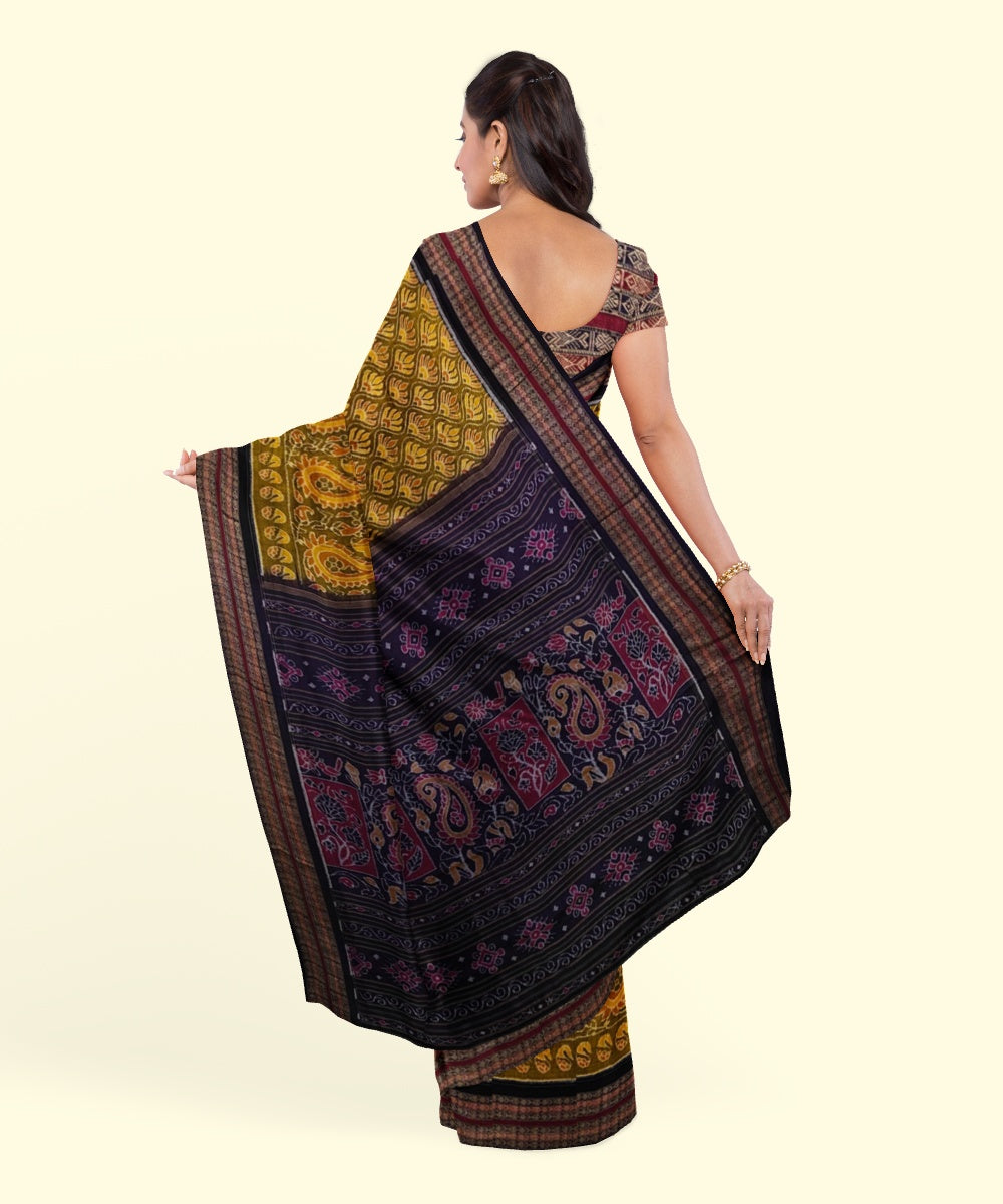 Yellow black cotton handwoven sambalpuri saree