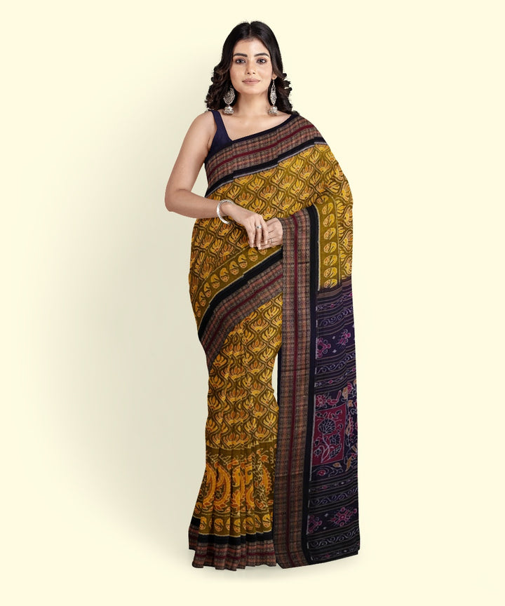 Yellow black cotton handwoven sambalpuri saree